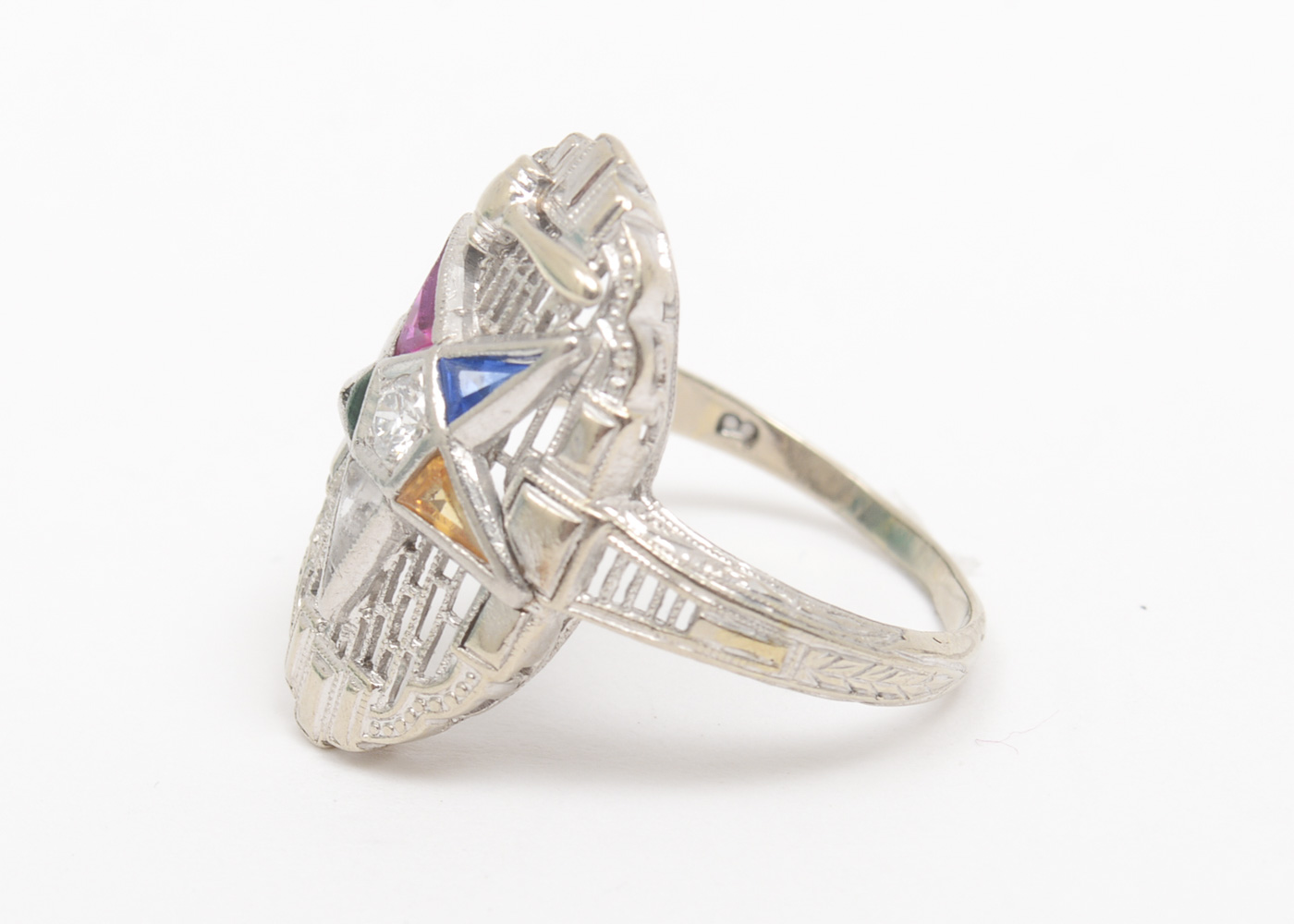14K White Gold, Diamond, and Glass Order of the Eastern Star Masonic Ring