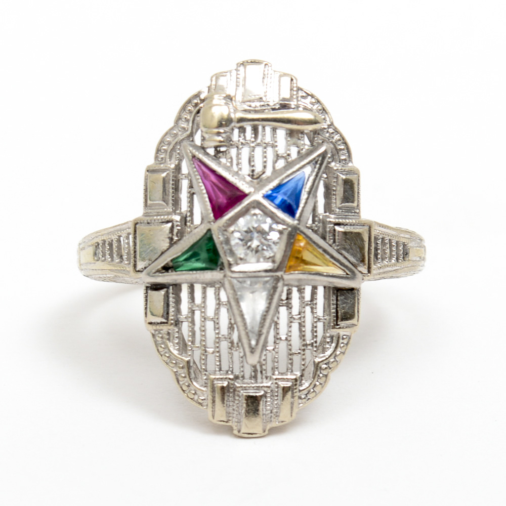 14K White Gold, Diamond, and Glass Order of the Eastern Star Masonic Ring