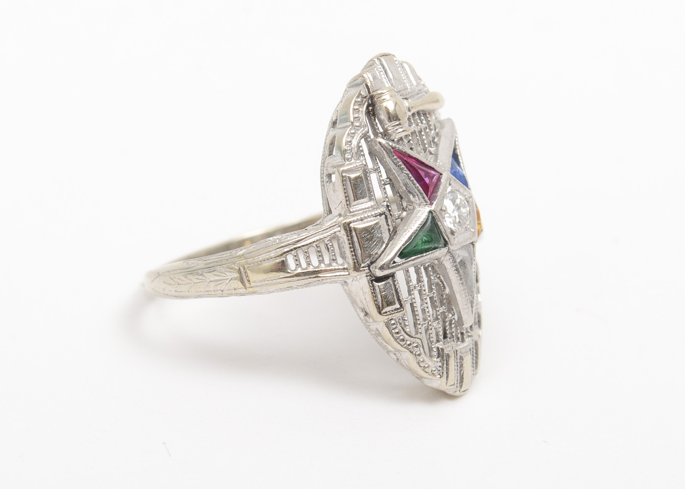 14K White Gold, Diamond, and Glass Order of the Eastern Star Masonic Ring