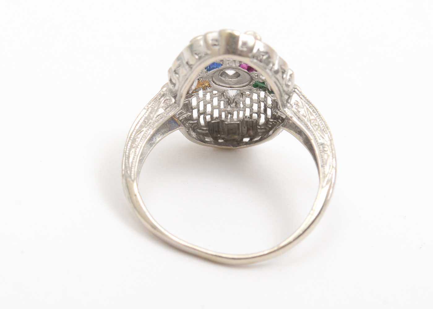 14K White Gold, Diamond, and Glass Order of the Eastern Star Masonic Ring