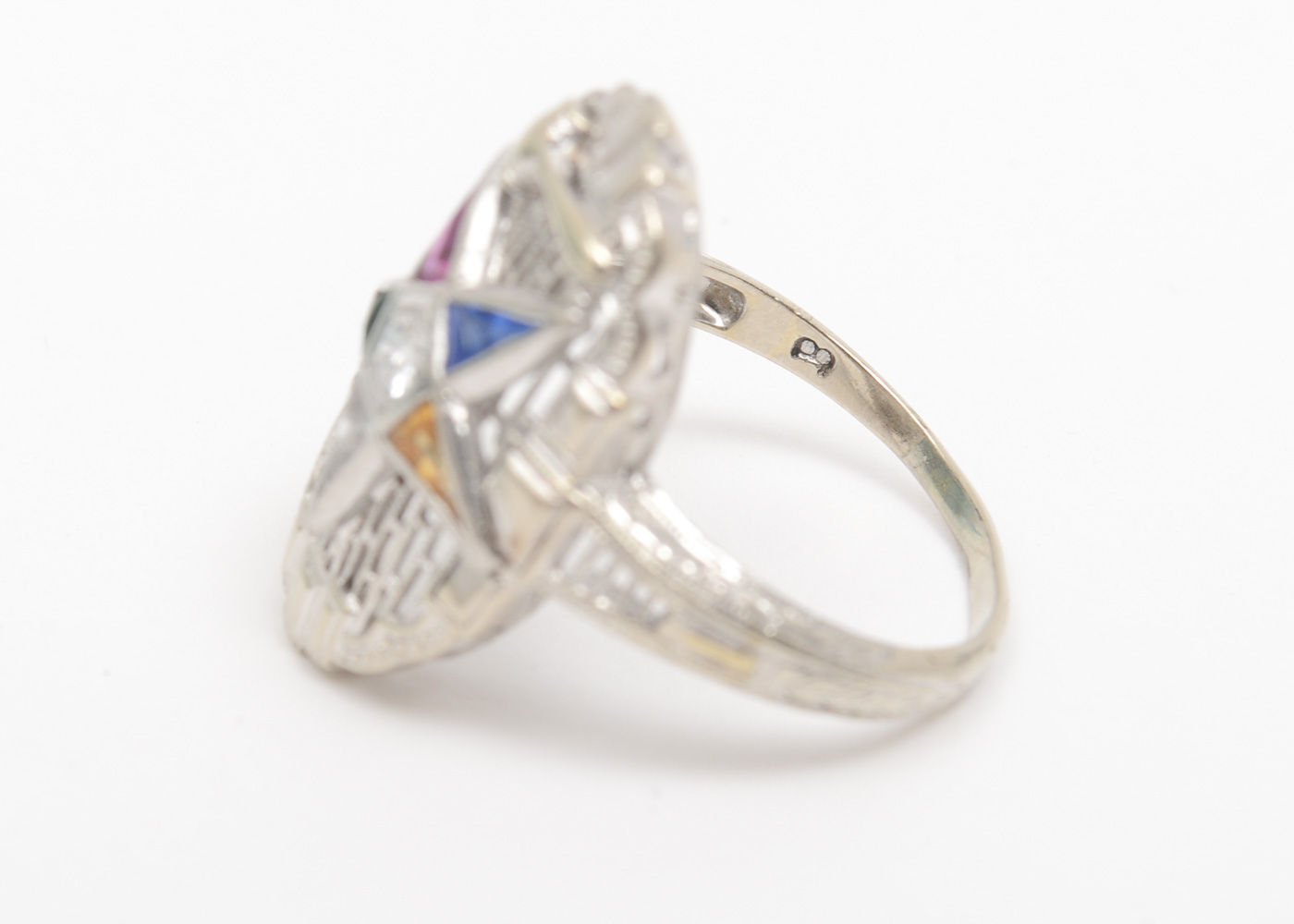 14K White Gold, Diamond, and Glass Order of the Eastern Star Masonic Ring