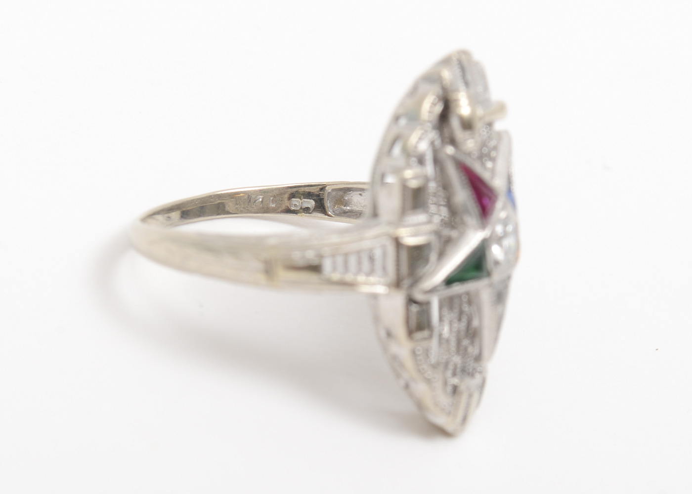 14K White Gold, Diamond, and Glass Order of the Eastern Star Masonic Ring