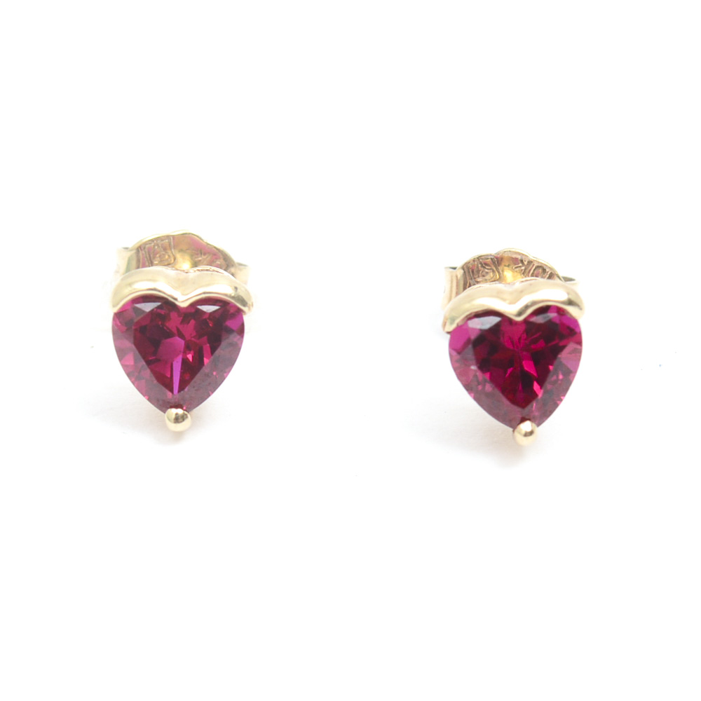 14K Yellow Gold and Heart Shaped Synthetic Ruby Stud Earrings