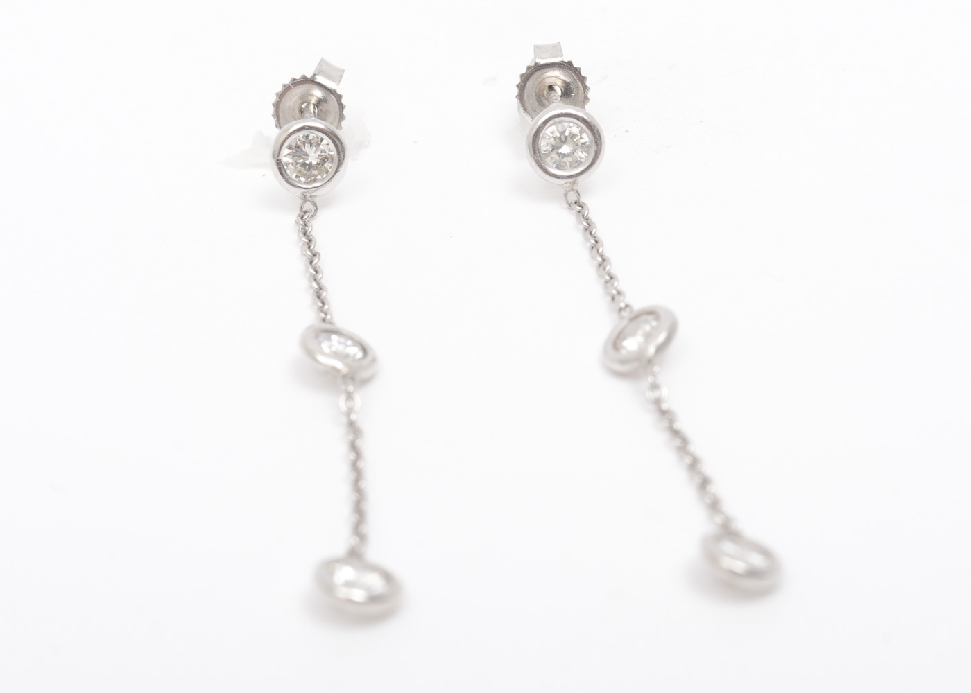 14K White Gold and Bezel Set Diamond Chain Earrings