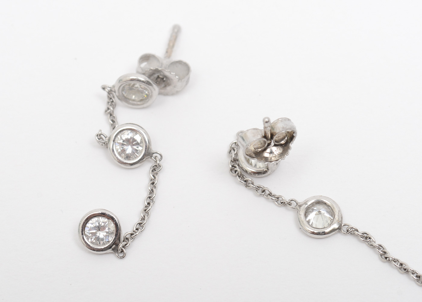 14K White Gold and Bezel Set Diamond Chain Earrings