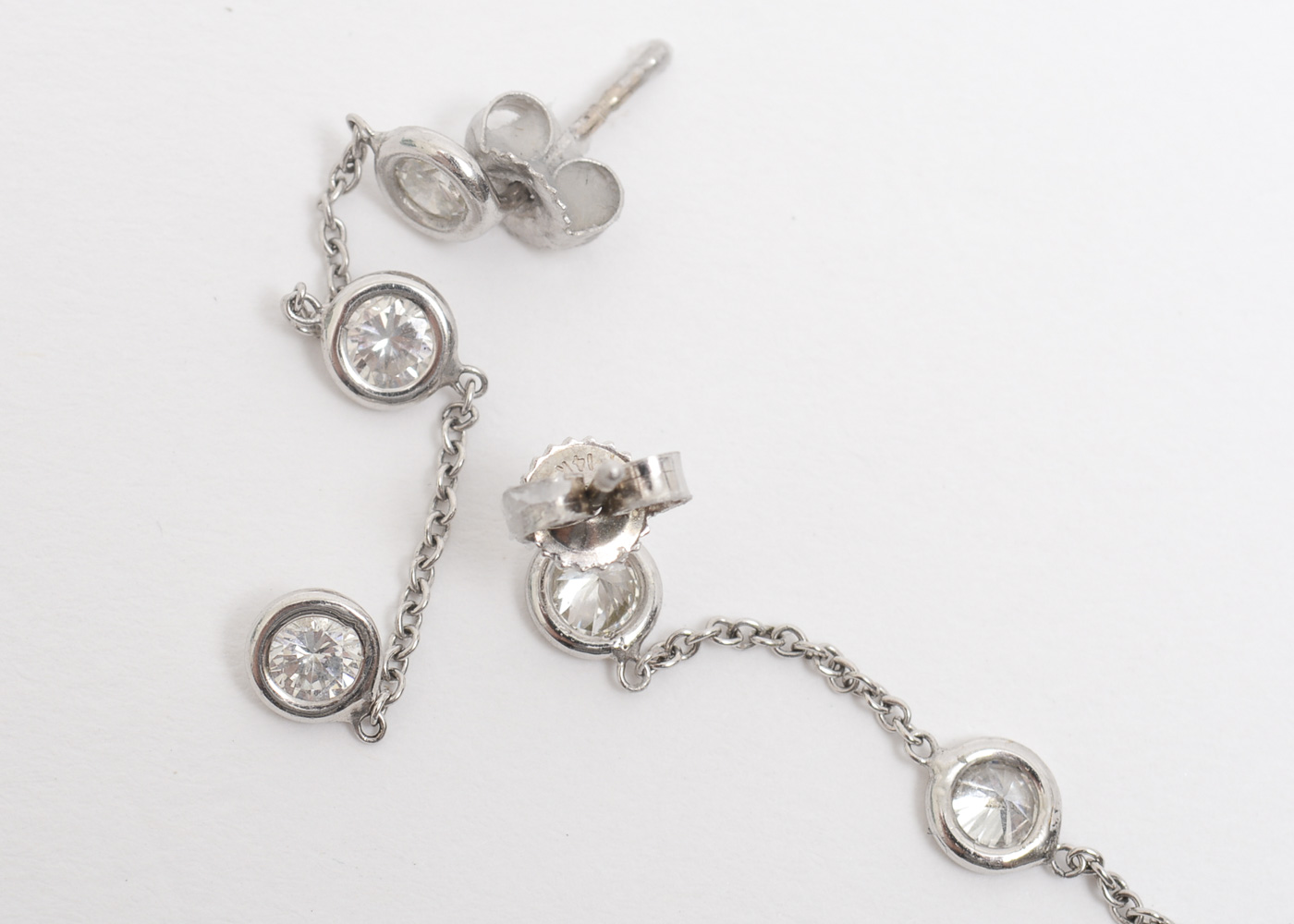 14K White Gold and Bezel Set Diamond Chain Earrings