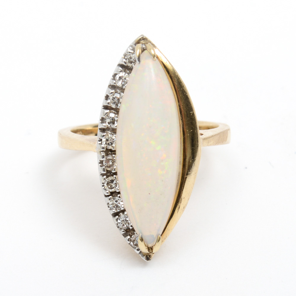 14K Yellow Gold, Opal and Diamond Navette Ring