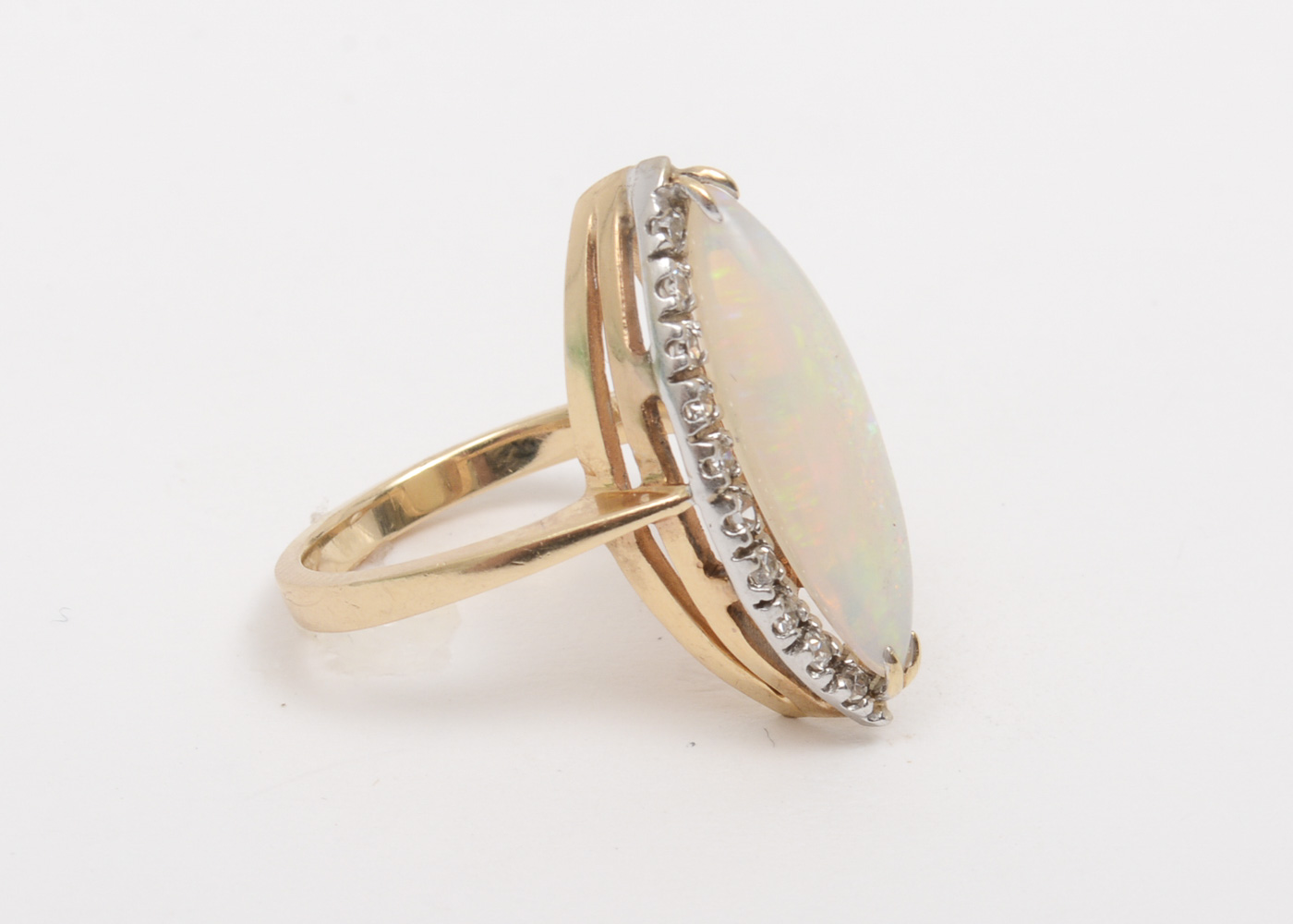 14K Yellow Gold, Opal and Diamond Navette Ring