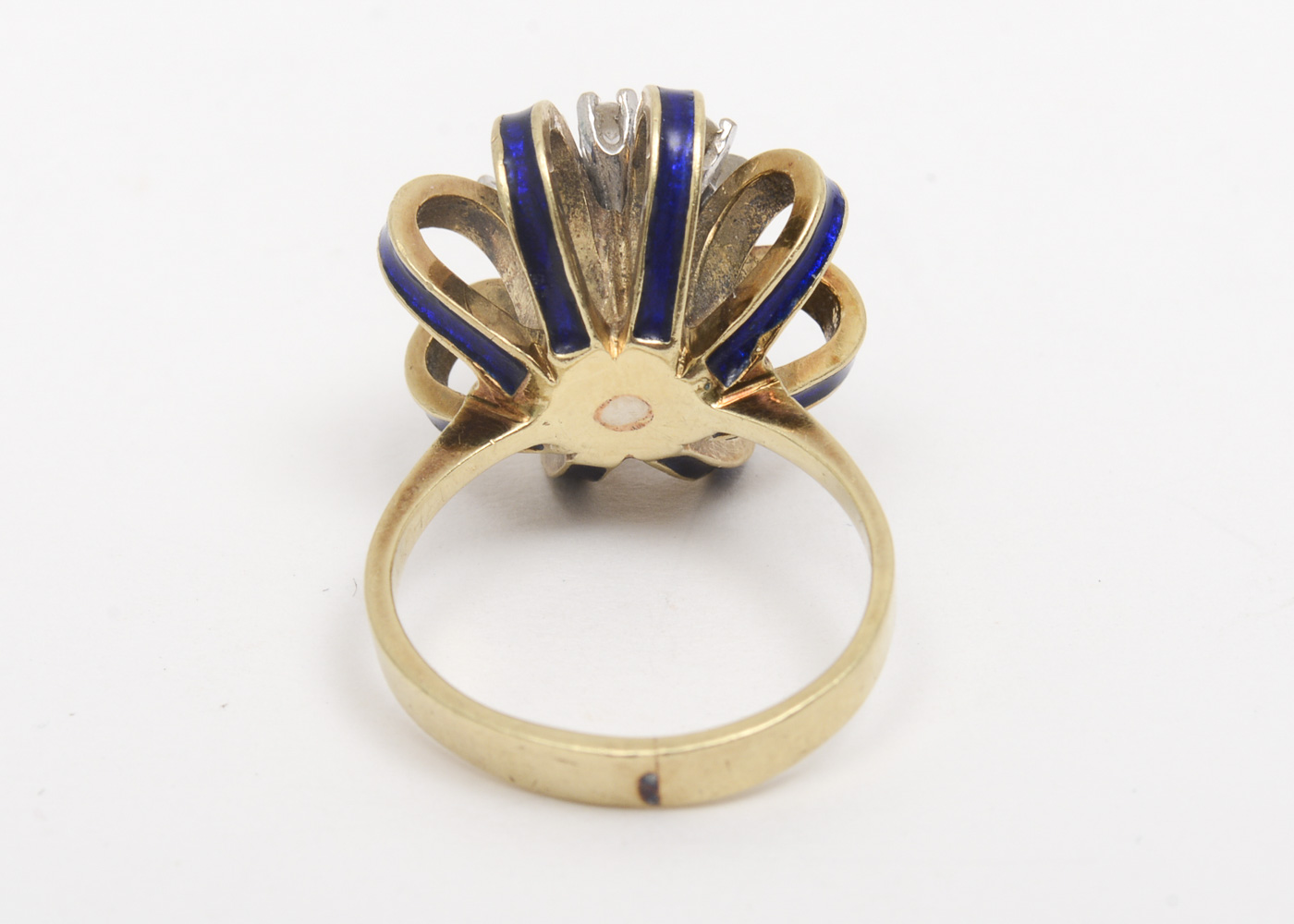 Vintage 14K Yellow Gold, Diamond and Blue Enamel Royal Crown Cocktail Ring