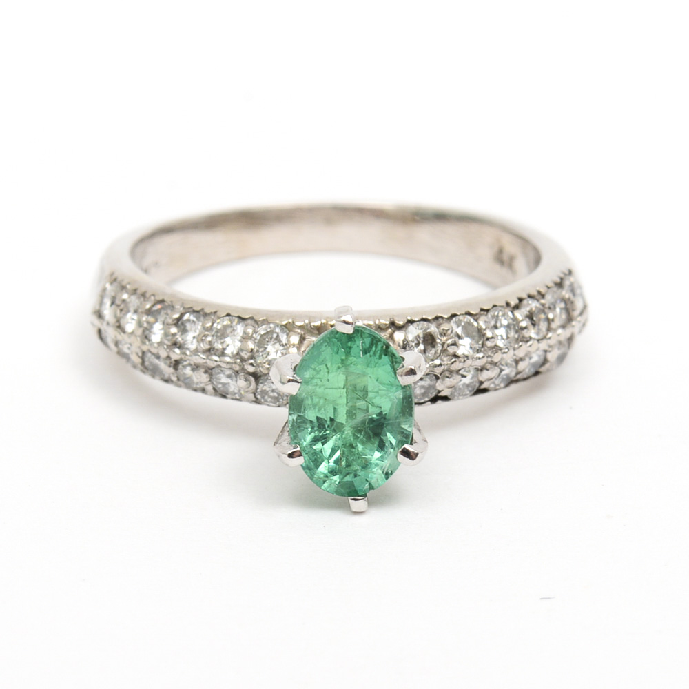 14K White Gold, Synthetic Emerald, and Diamond Engagement Ring