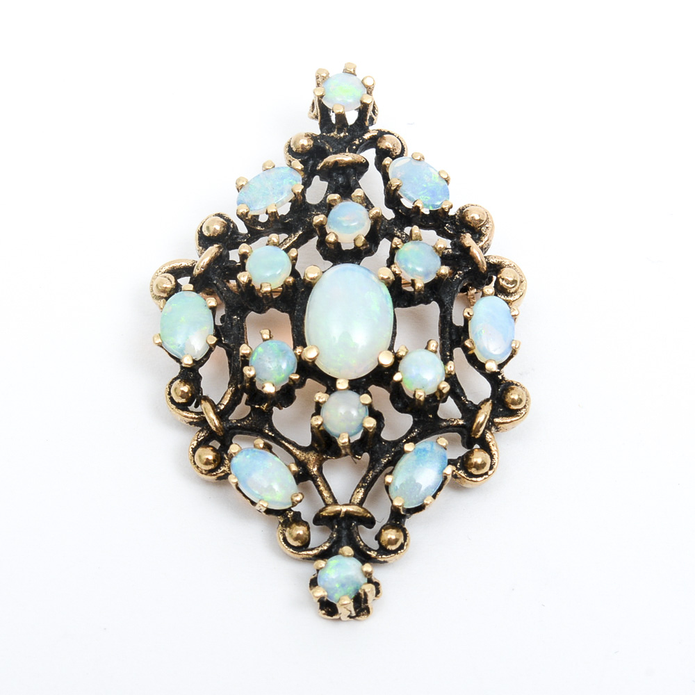 Vintage 14K Yellow Gold and Opal Openwork Pendant Brooch