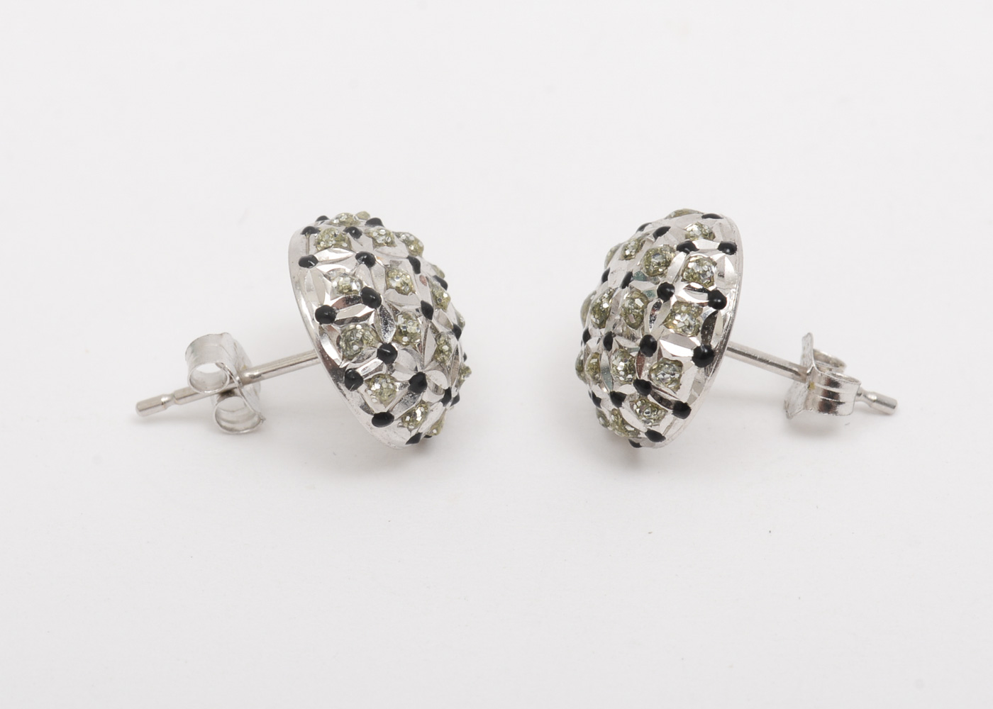 14K White Gold and Black Enamel Dome Stud Earrings