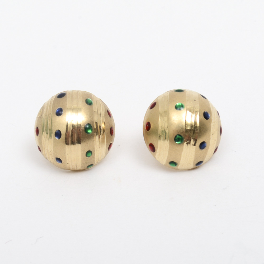 14K Yellow Gold and Multi-Colored Enamel Dome Stud Earrings