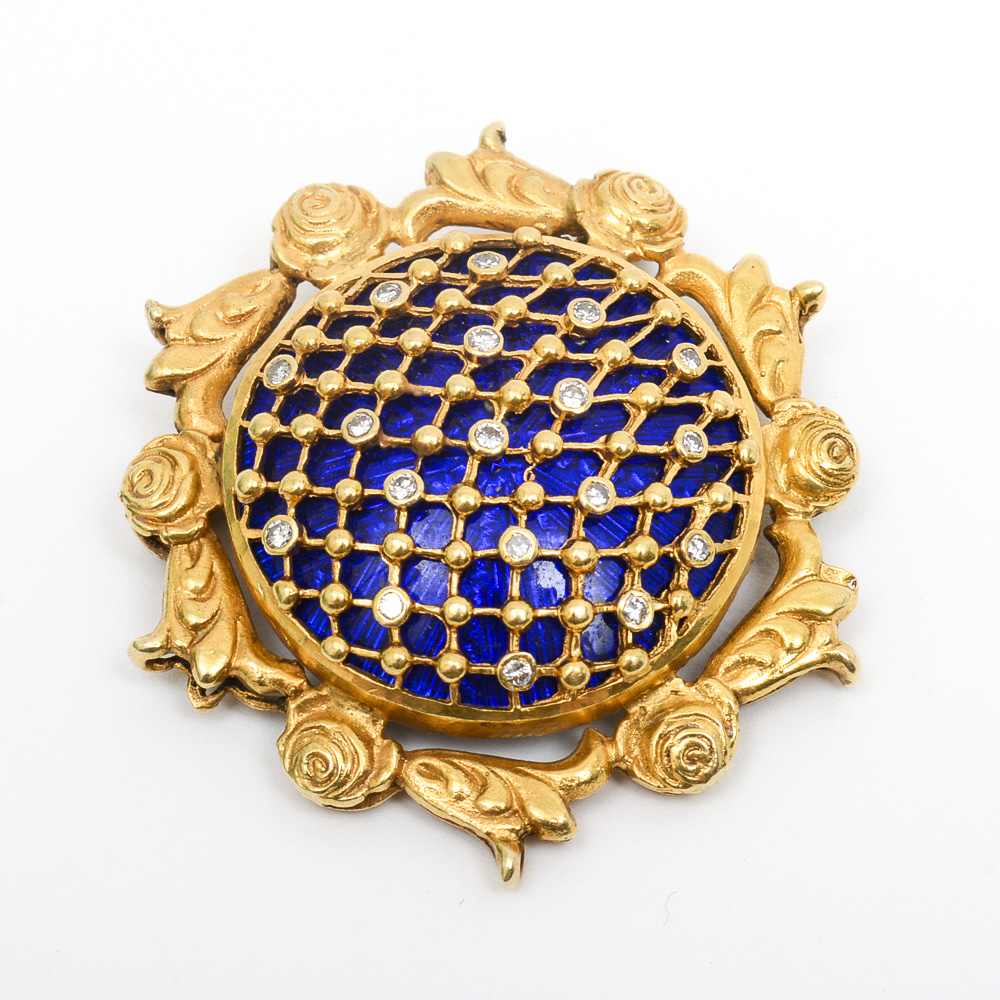 Vintage 14K Yellow Gold, Diamond, and Blue Enamel Brooch
