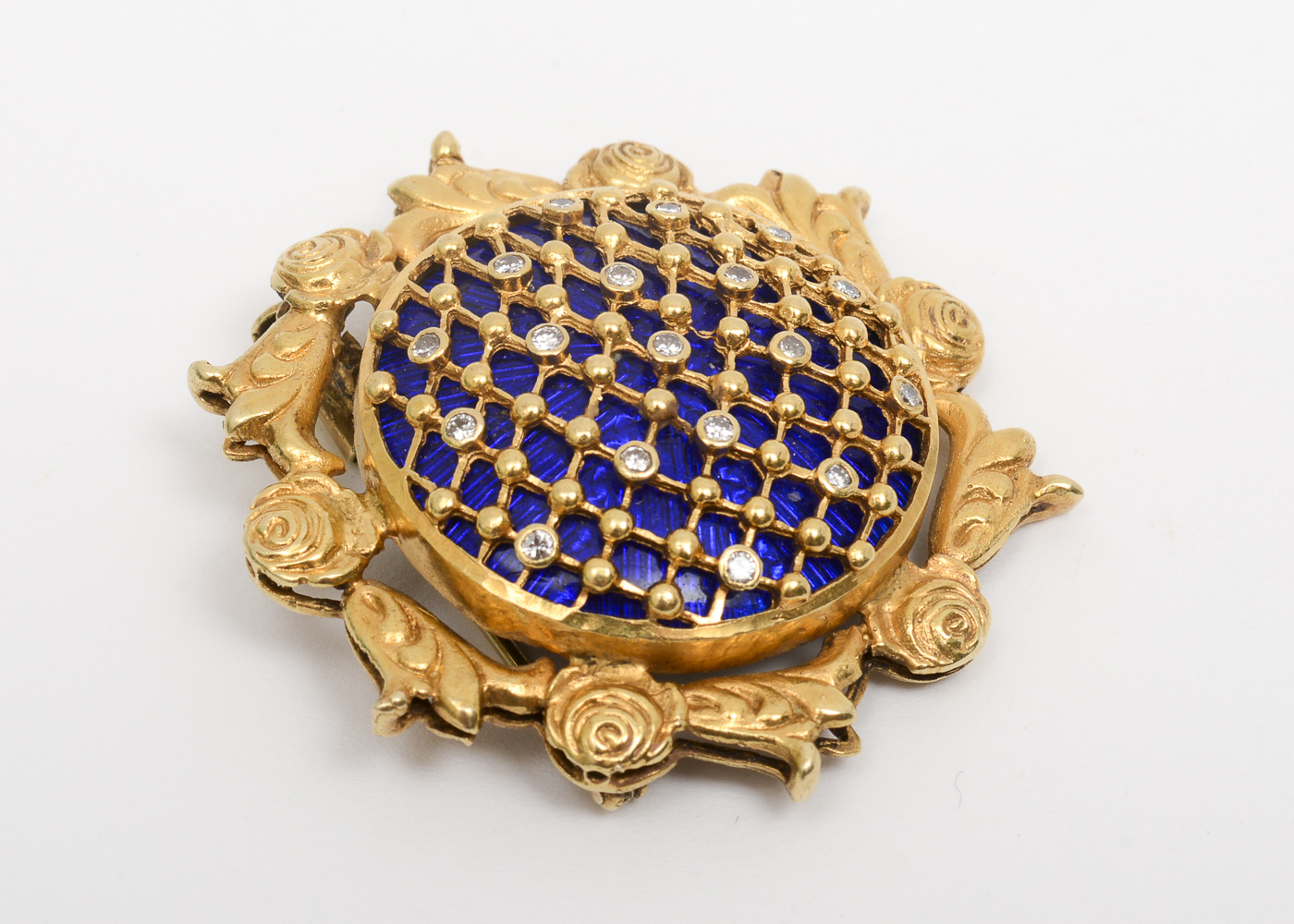 Vintage 14K Yellow Gold, Diamond, and Blue Enamel Brooch