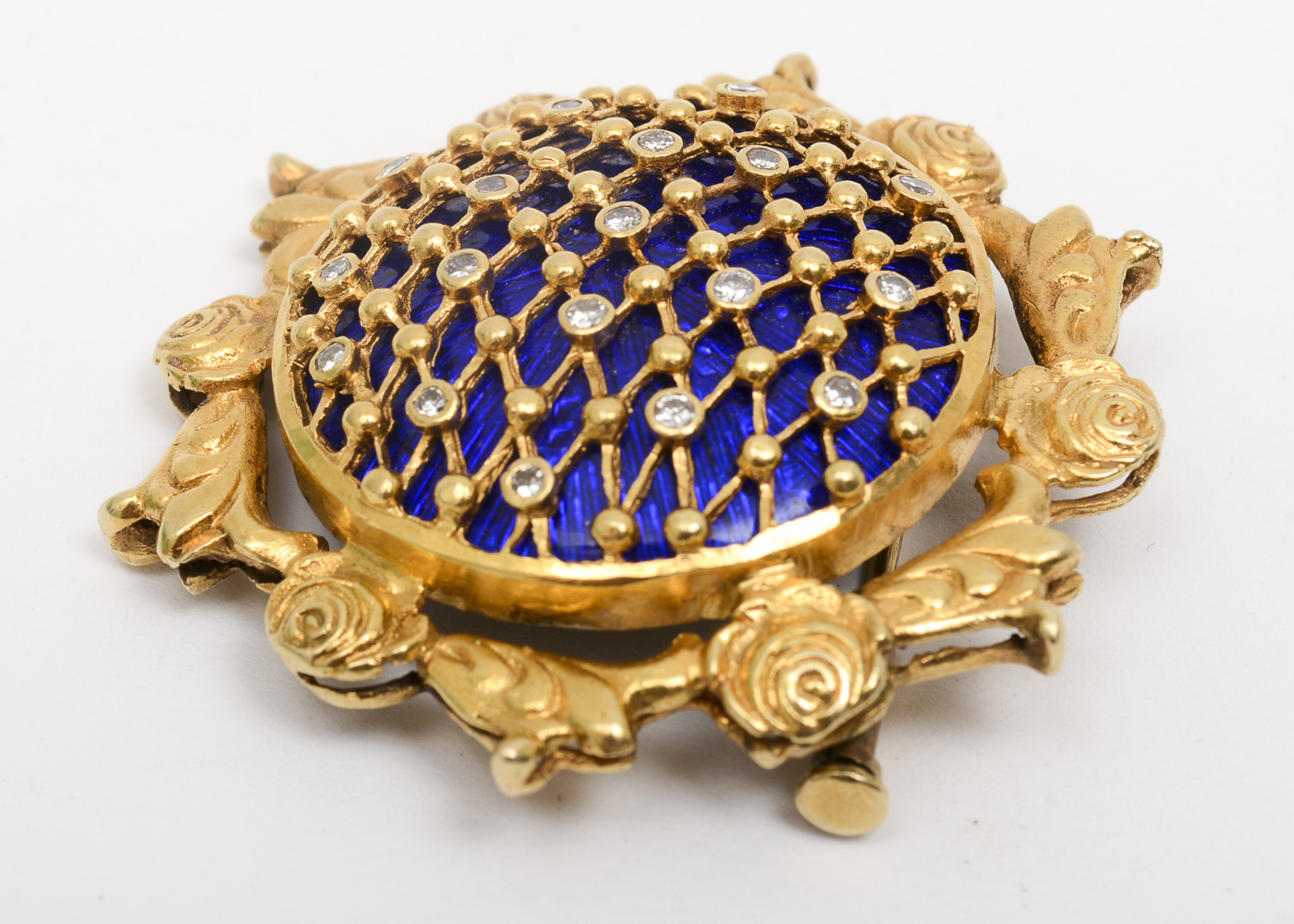 Vintage 14K Yellow Gold, Diamond, and Blue Enamel Brooch