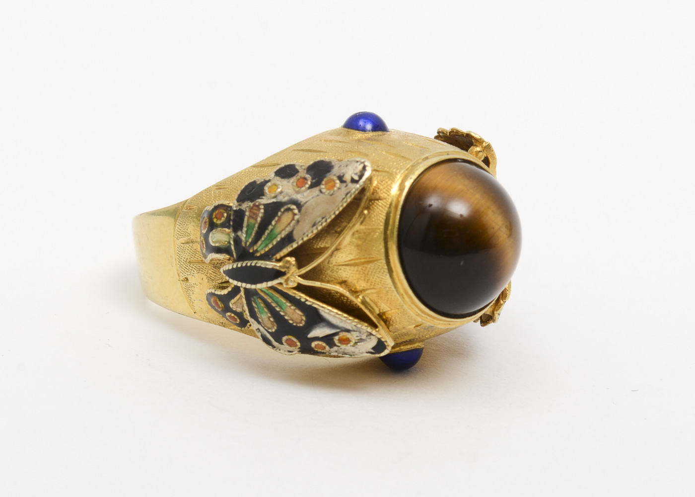 14K Yellow Gold, Tiger's Eye and Enamel Dome Statement Ring