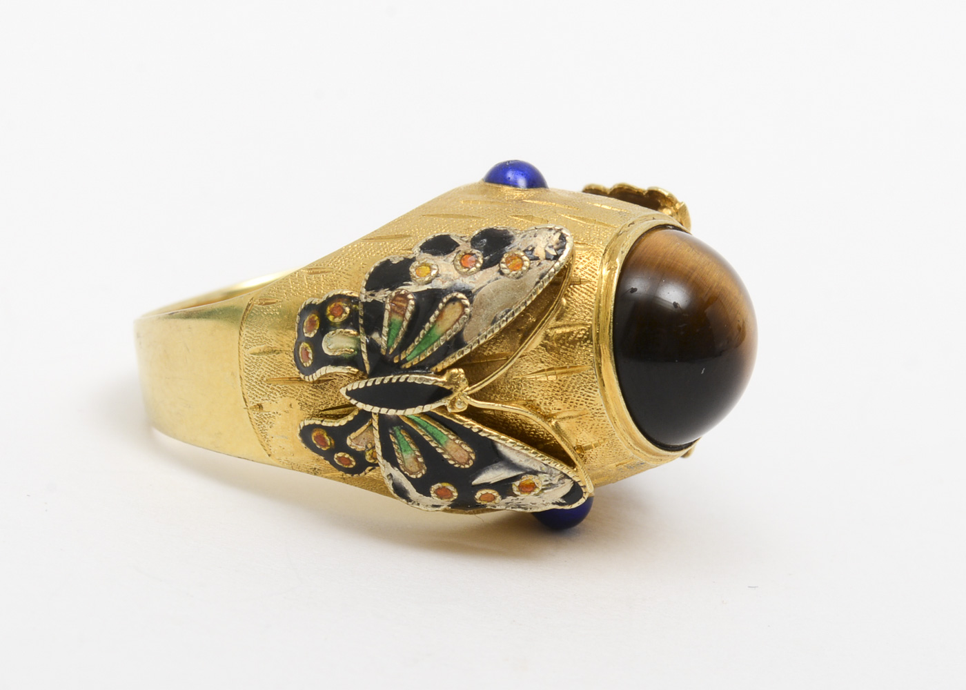 14K Yellow Gold, Tiger's Eye and Enamel Dome Statement Ring