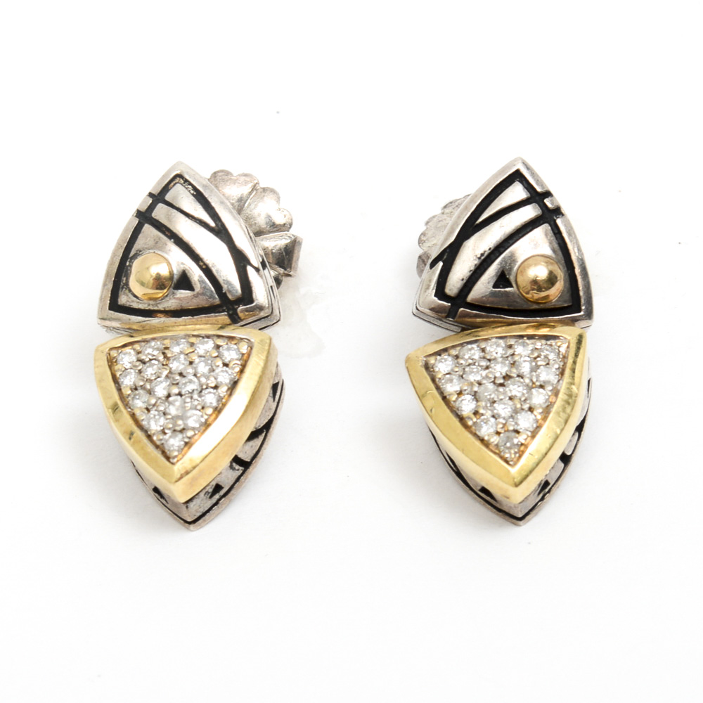 Sterling Silver, 18K Yellow Gold, and Diamond Articulated Drop Earrings