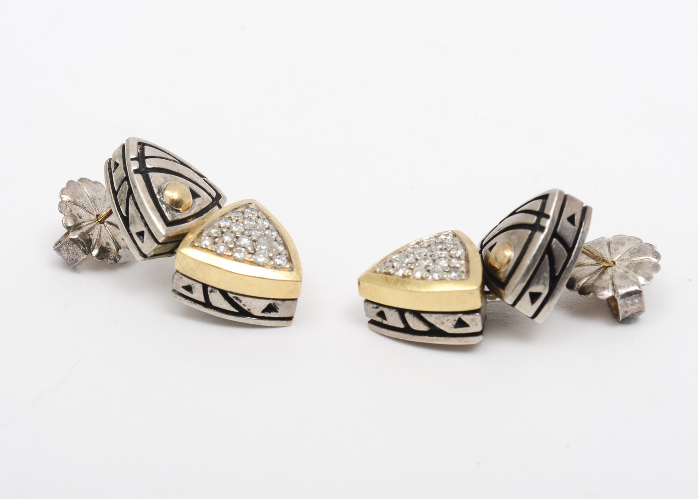 Sterling Silver, 18K Yellow Gold, and Diamond Articulated Drop Earrings