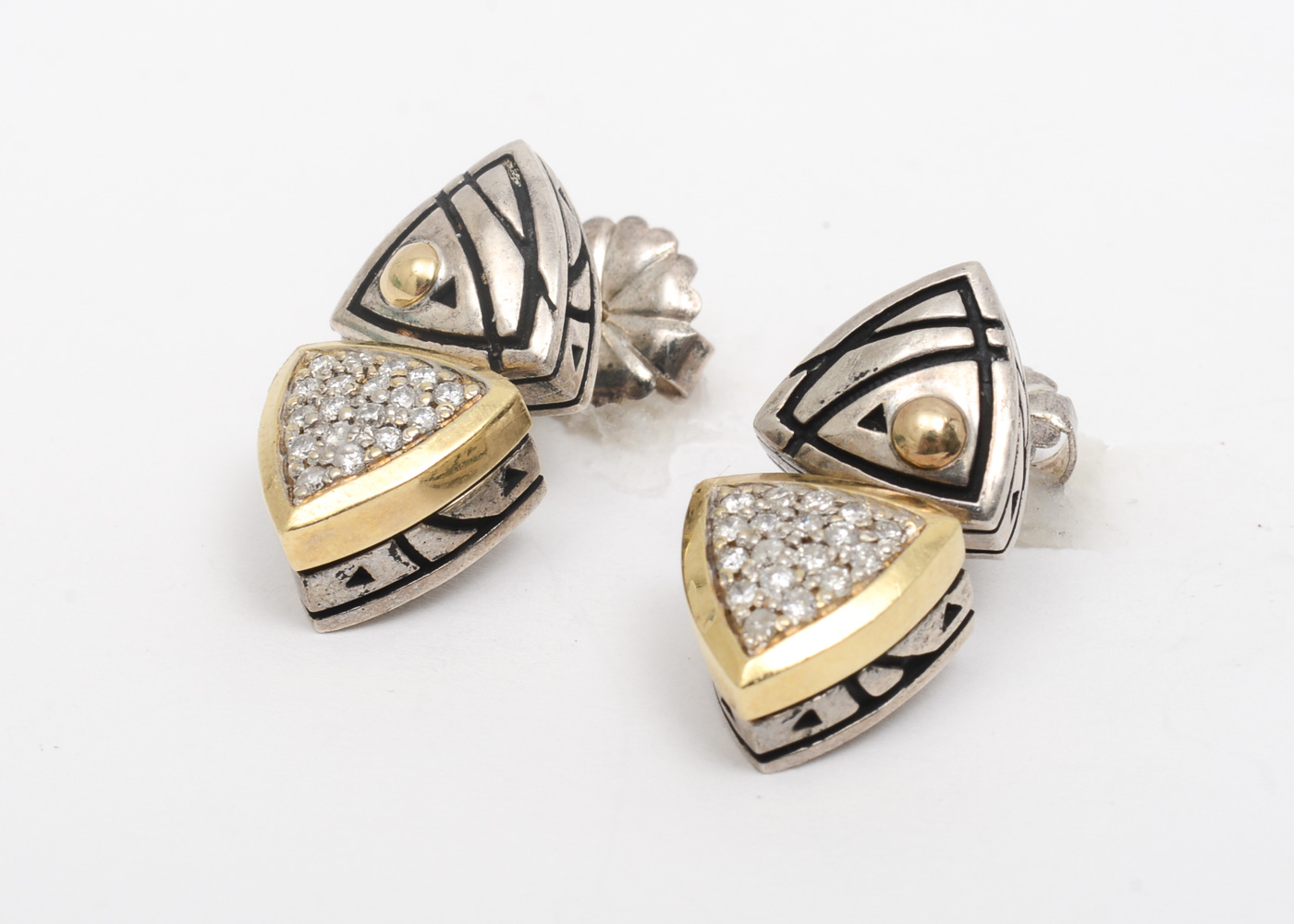 Sterling Silver, 18K Yellow Gold, and Diamond Articulated Drop Earrings