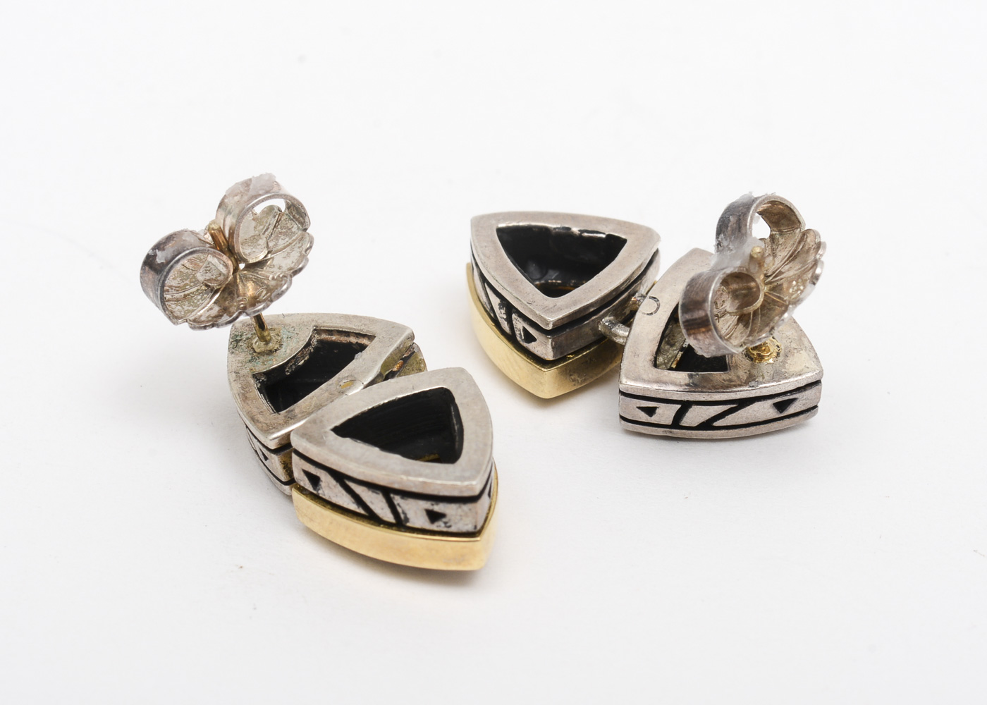 Sterling Silver, 18K Yellow Gold, and Diamond Articulated Drop Earrings