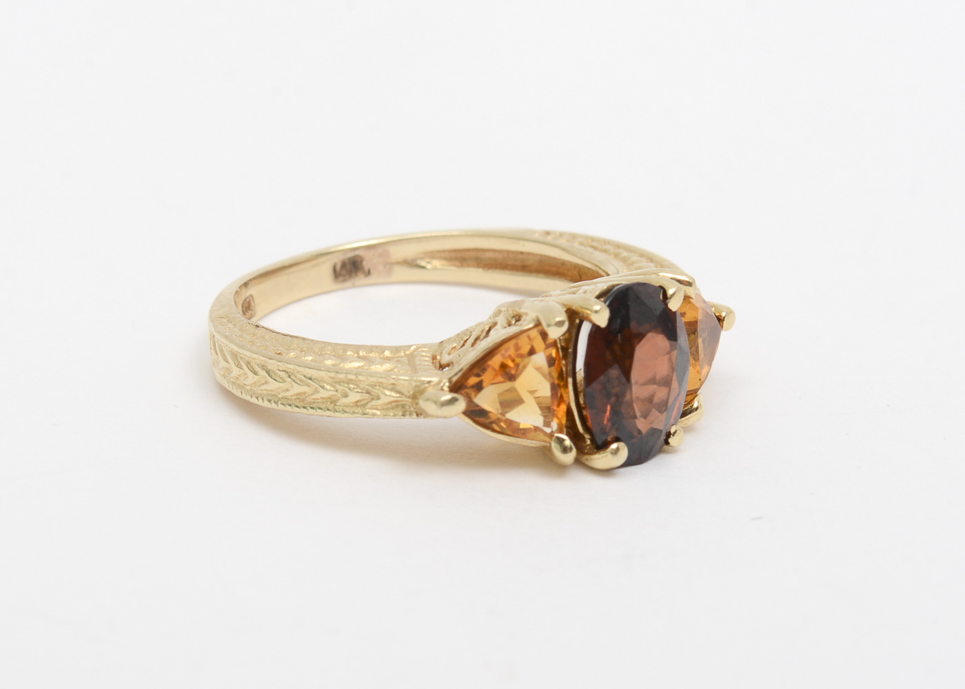 14K Yellow Gold, Orange Topaz, and Citrine Three Stone Ring