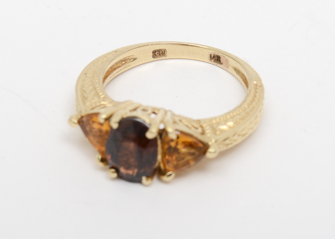 14K Yellow Gold, Orange Topaz, and Citrine Three Stone Ring