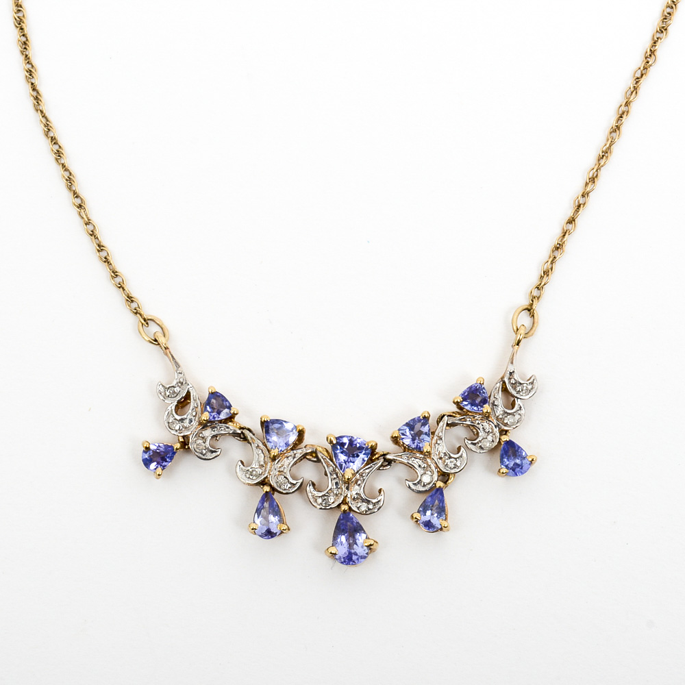 10K Two-Tone Gold, Tanzanite, and Diamond Pendant with 14K Chain