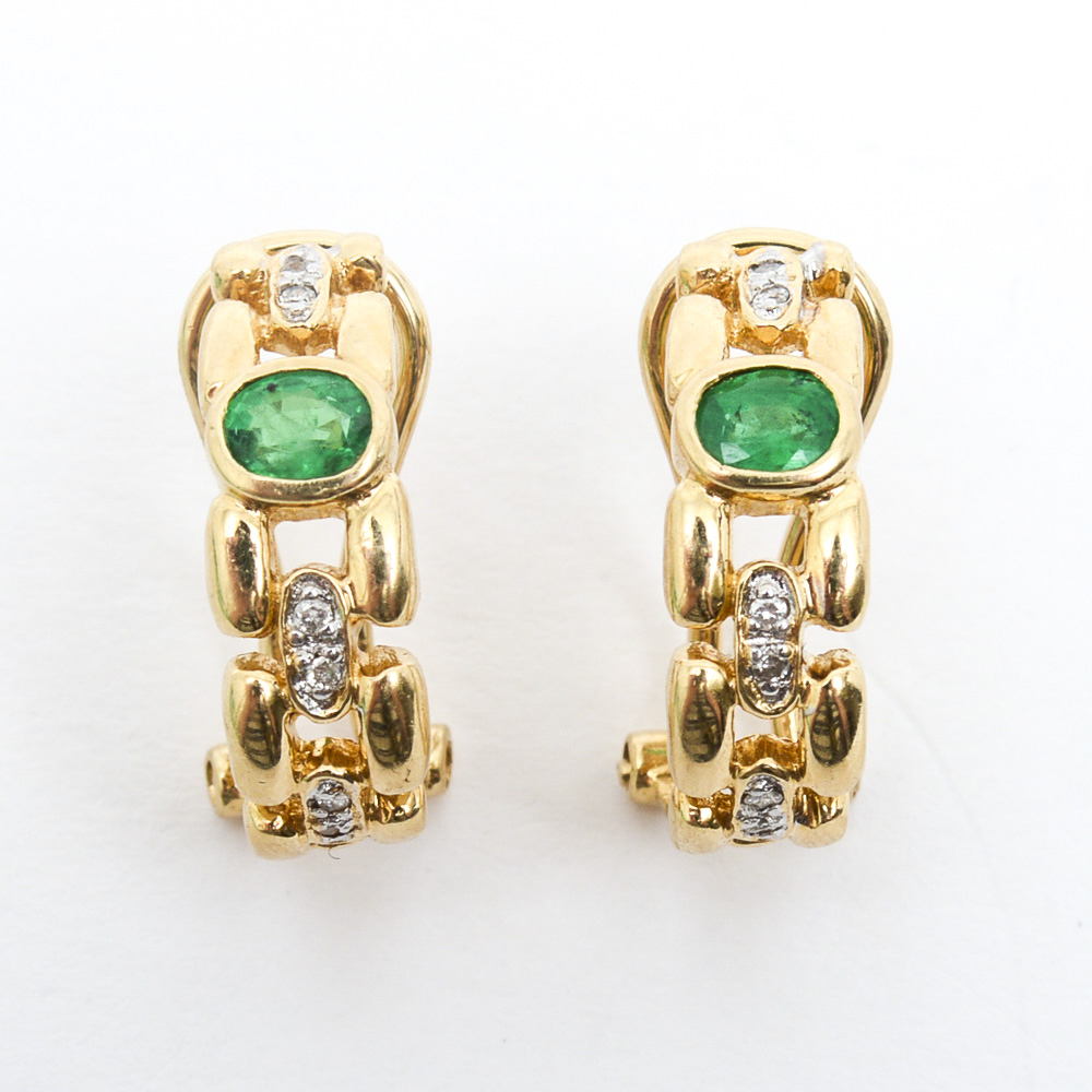 14K Yellow Gold, Emerald and Diamond Half Hoop Link Earrings