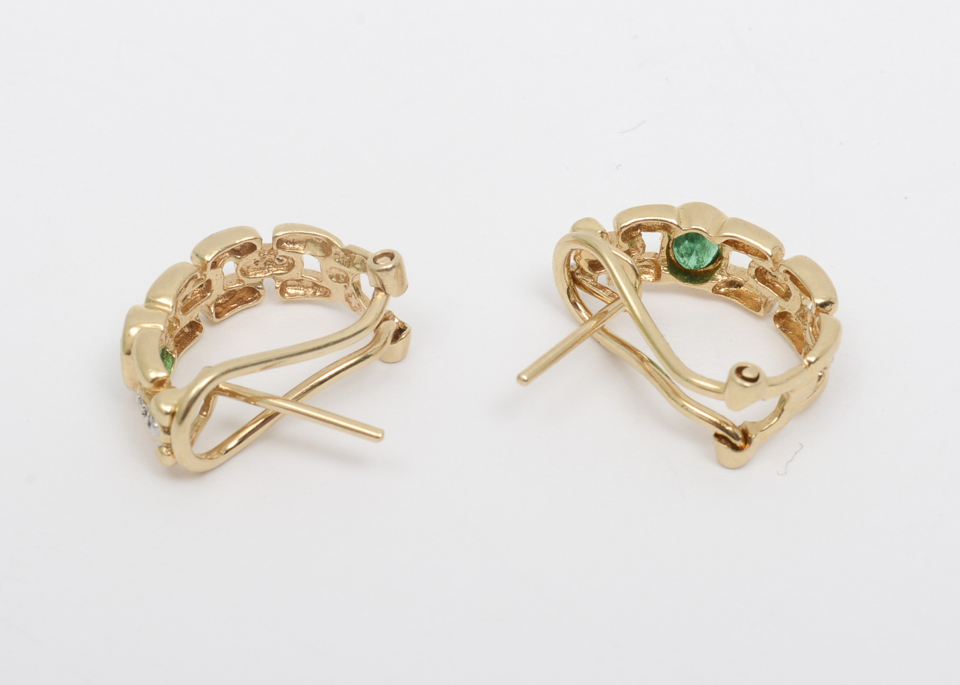14K Yellow Gold, Emerald and Diamond Half Hoop Link Earrings