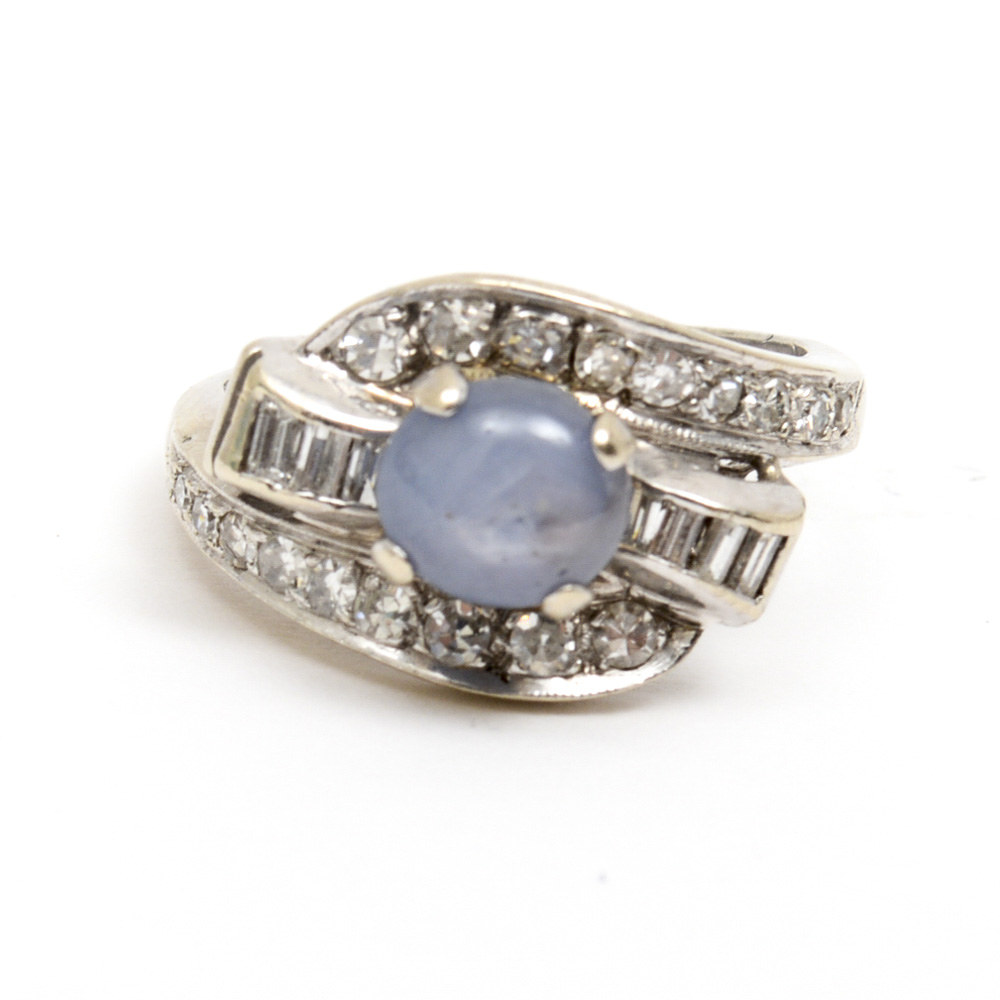 Platinum, Star Sapphire and Diamond Bypass Ring