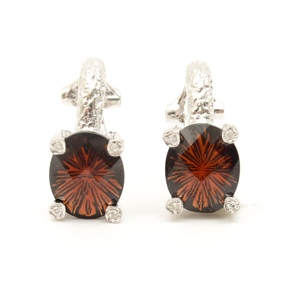 14K White Gold, Garnet, and Diamond Dangle Earrings