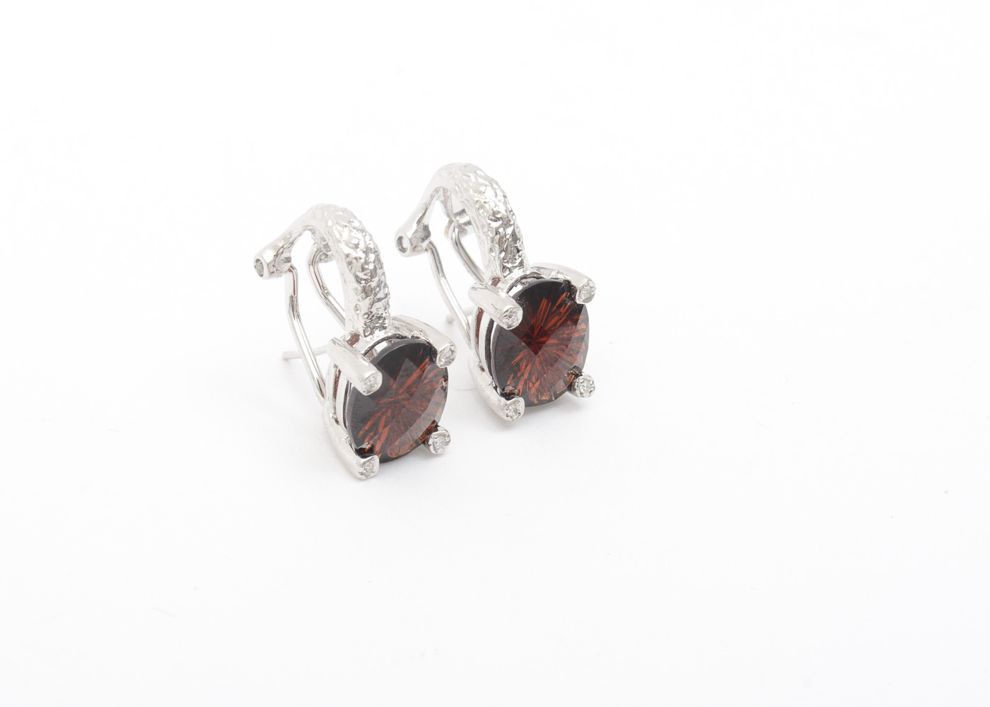 14K White Gold, Garnet, and Diamond Dangle Earrings