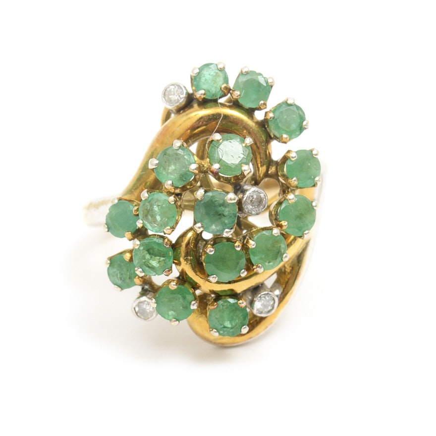 14K Yellow Gold, Emerald, and Diamond Swirl Ring