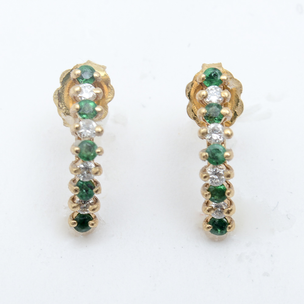 14K Yellow Gold, Synthetic Emerald, and Diamond Earrings