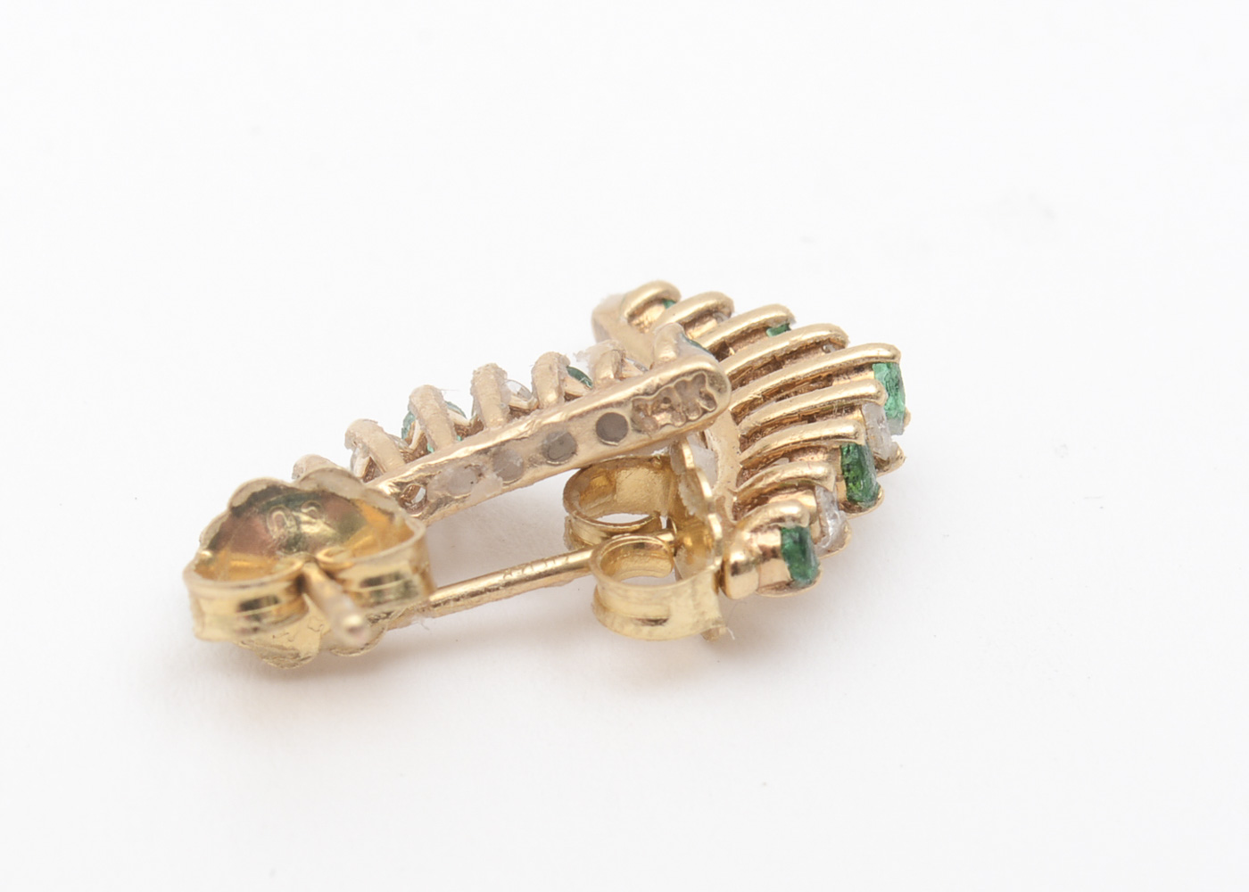 14K Yellow Gold, Synthetic Emerald, and Diamond Earrings