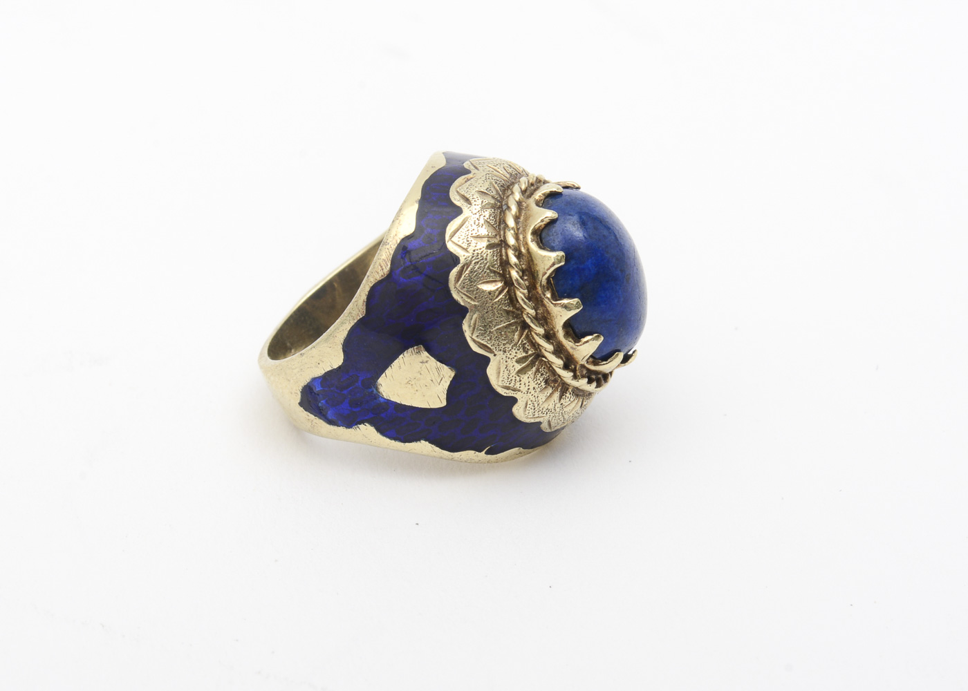 14K Yellow Gold, Lapis Lazuli and Navy Enamel Dome Ring
