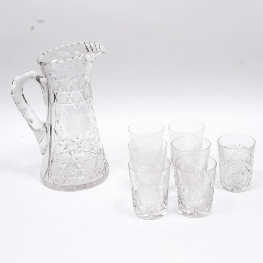 American Brilliant Cut Glass Floral Pitcher and Cups