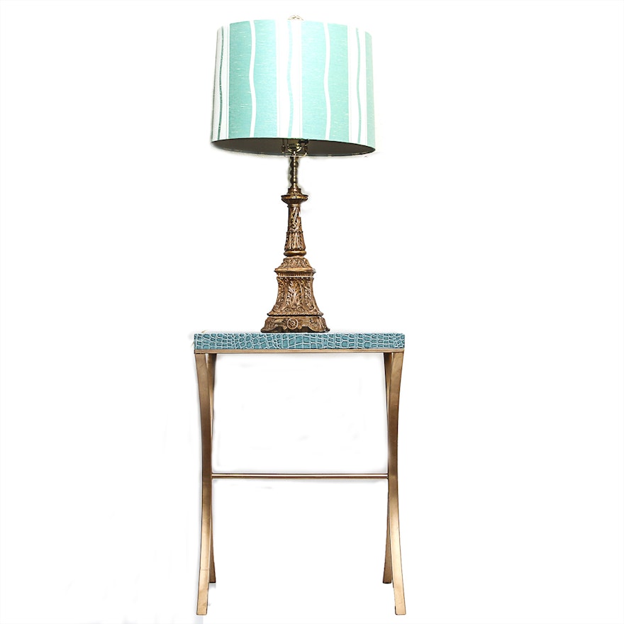 Teal and Gold-Tone Accent Table and Lamp