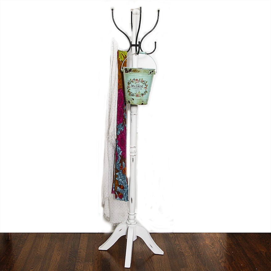 Wooden Coat Rack with Scarves and Decorative Pail