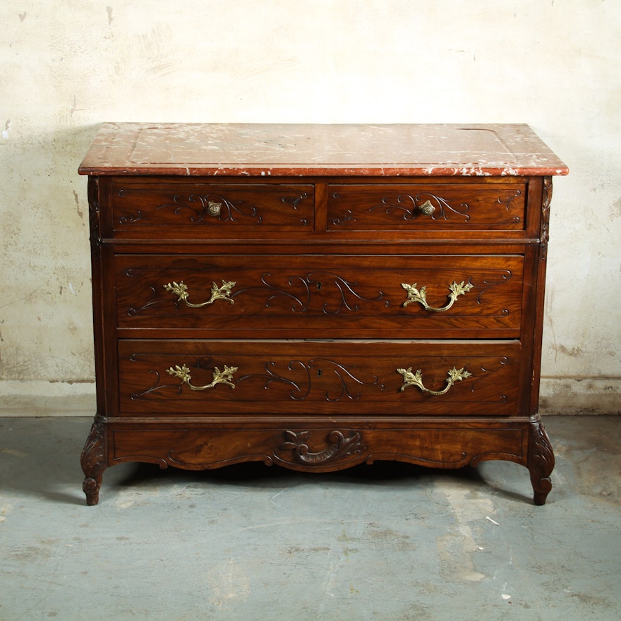 Vintage Provincial Louis XV Style Walnut Commode With Marble Top