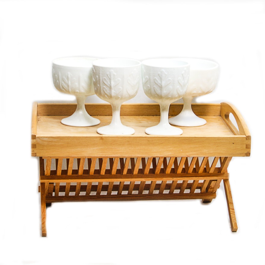 White Milkglass Footed Bowls with Wooden Tray and Rack