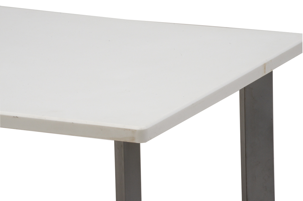 Table With White Top and Gray Metal Legs