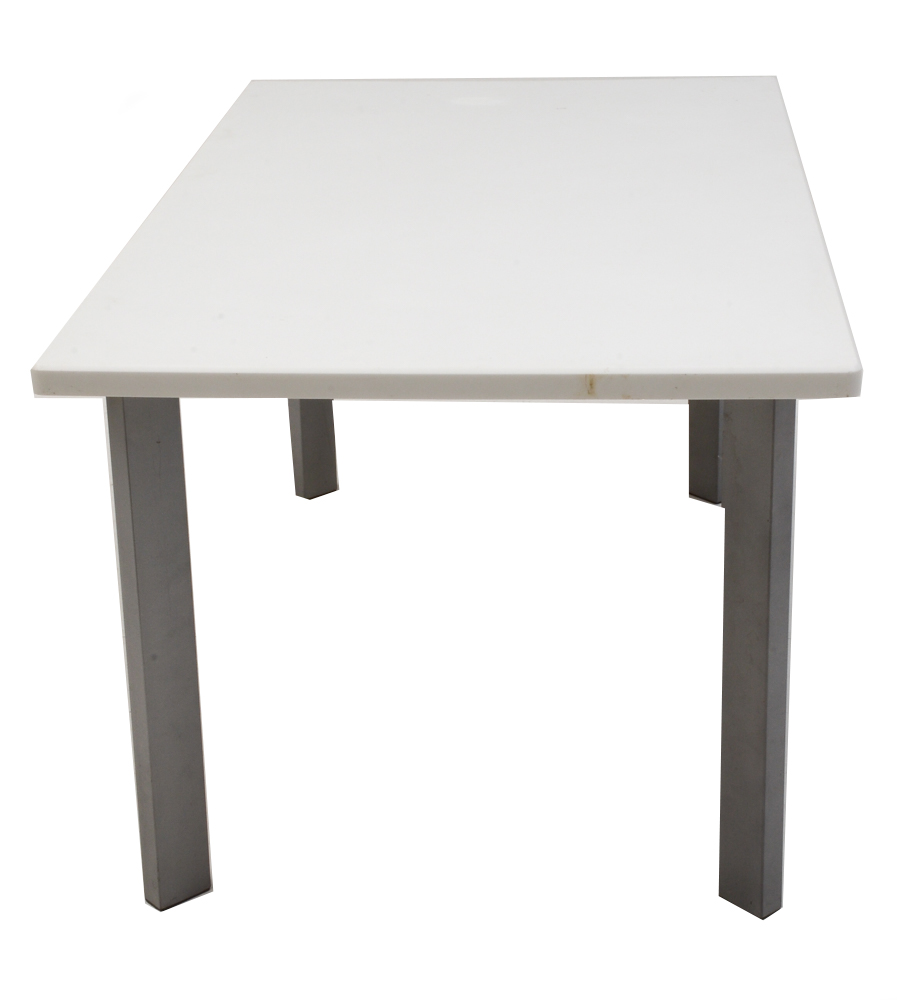 Table With White Top and Gray Metal Legs