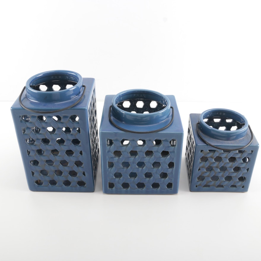 Set of Blue Cermaic Outdoor Lanterns