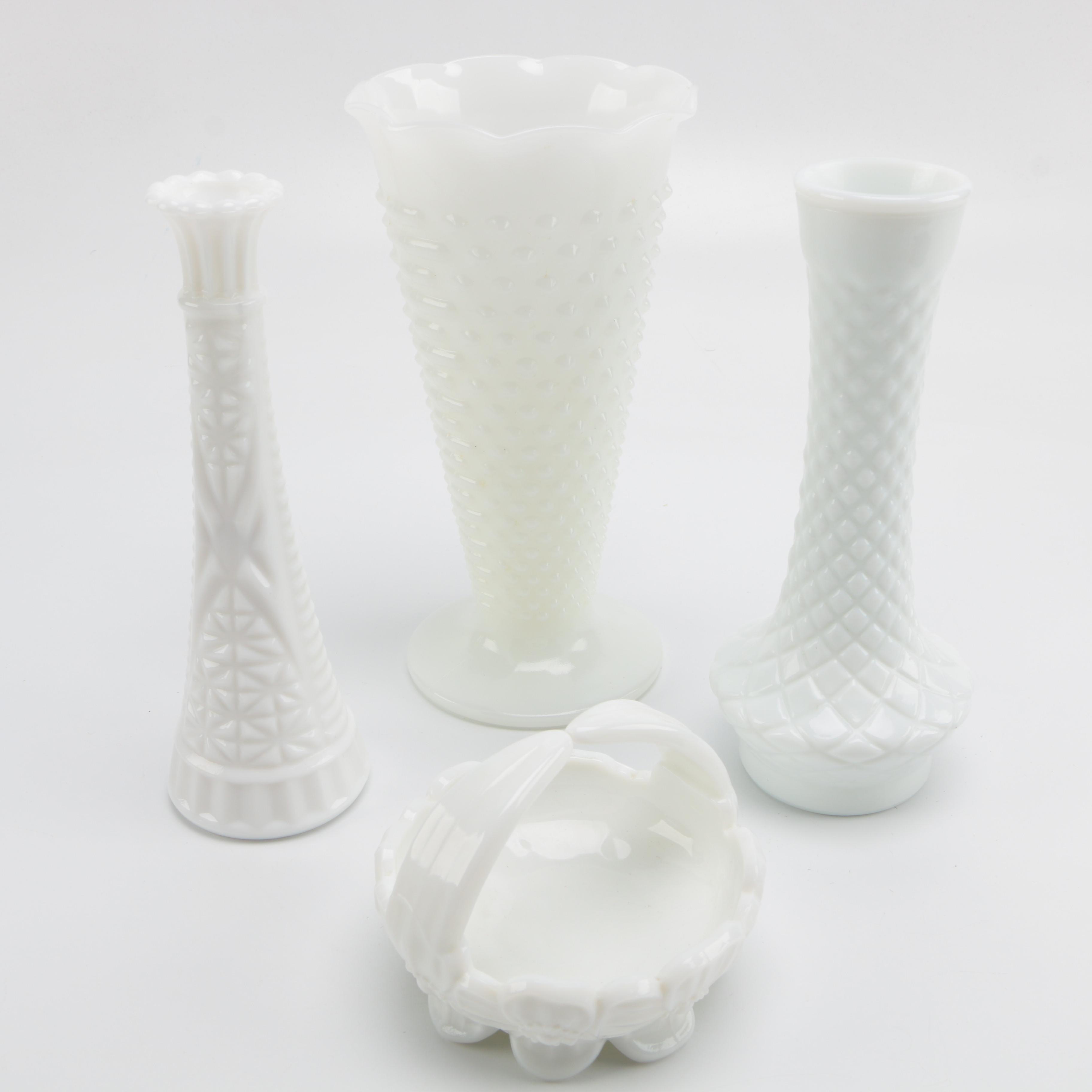 White Milk Glass Vases and Small Basket
