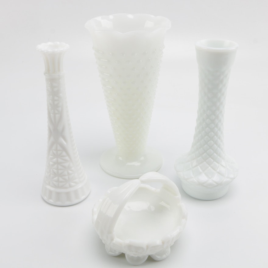 White Milk Glass Vases and Small Basket