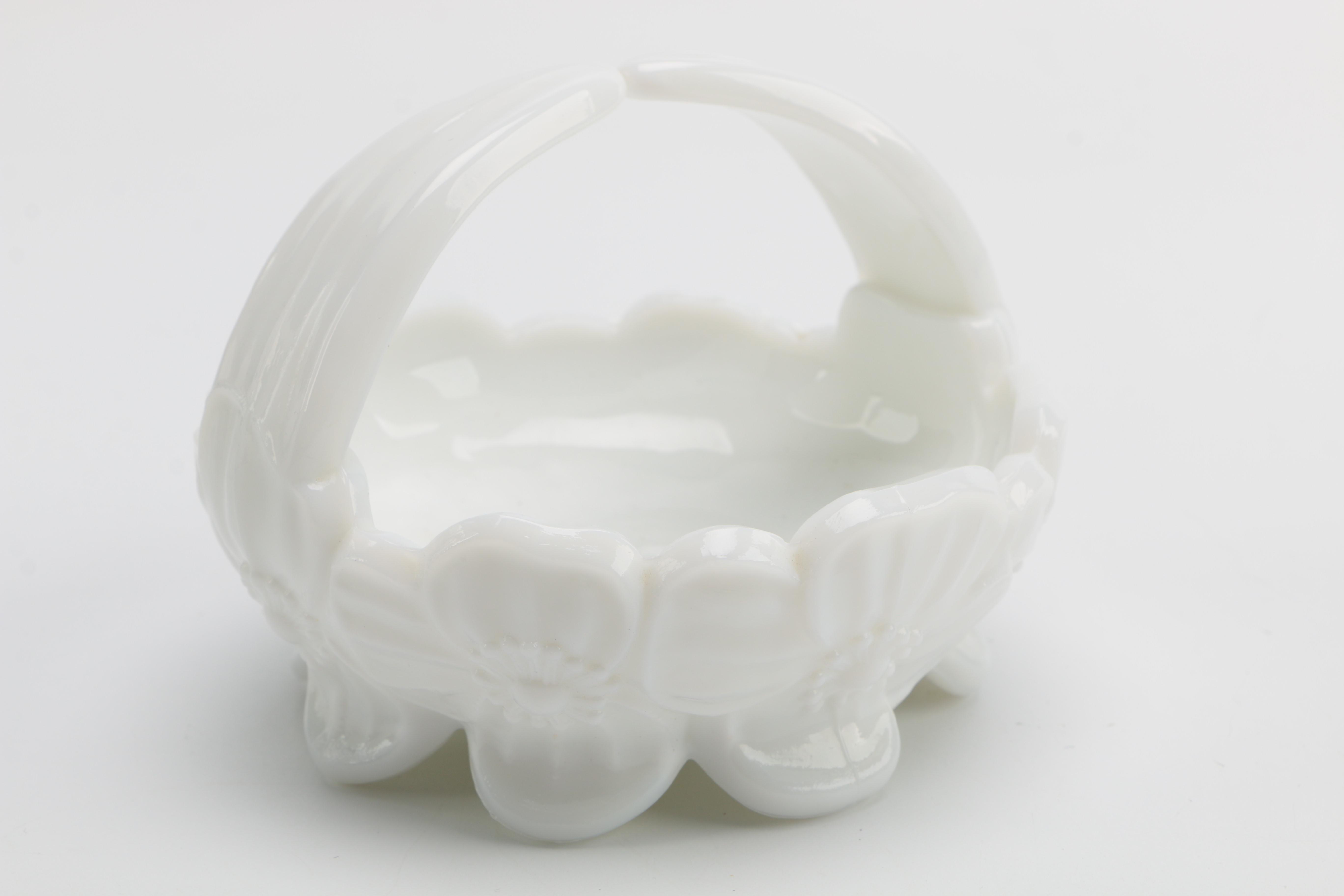 White Milk Glass Vases and Small Basket