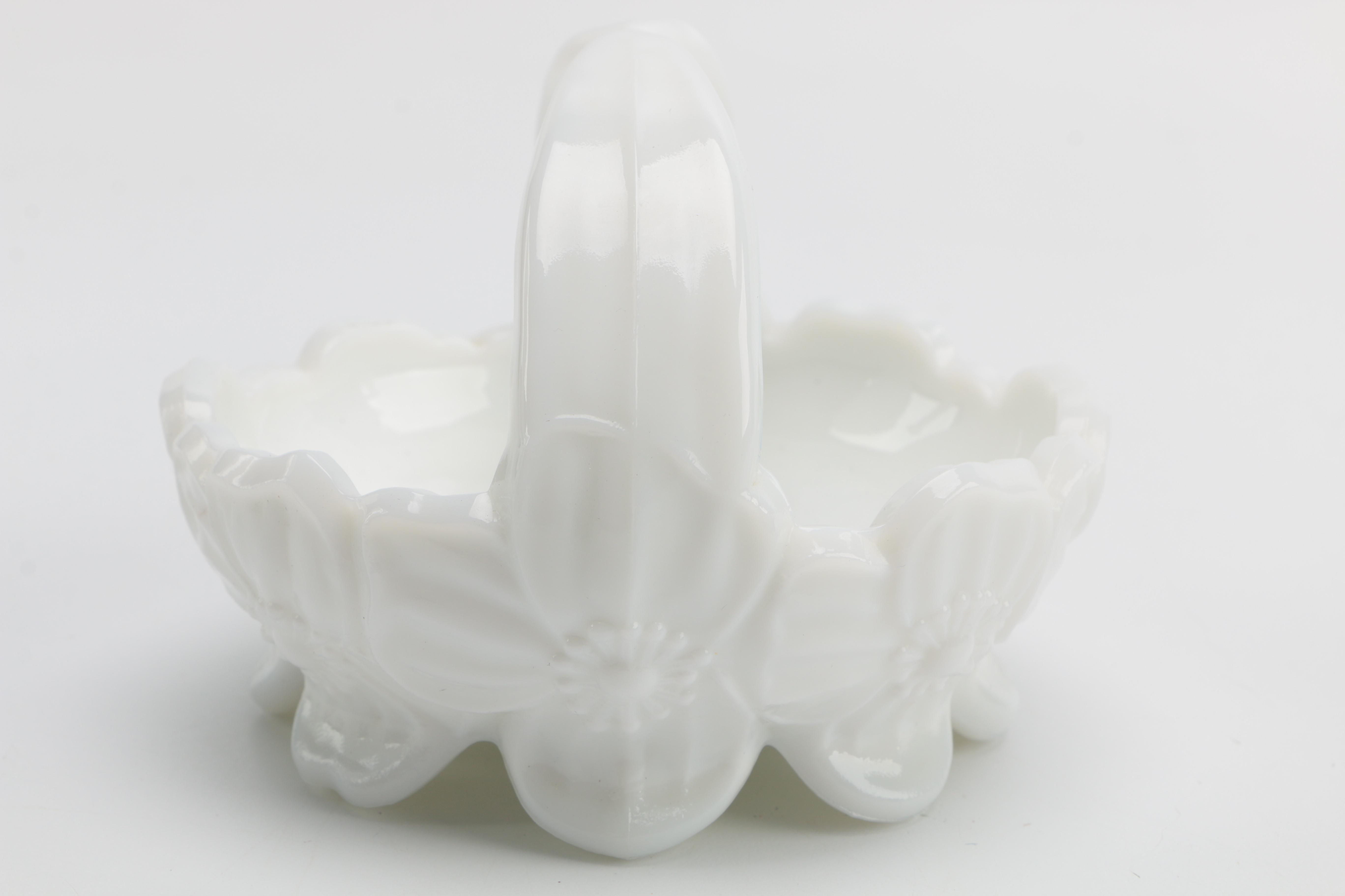 White Milk Glass Vases and Small Basket